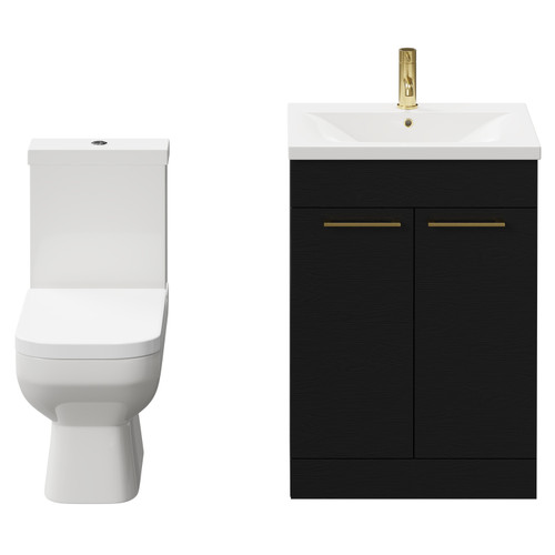 Turin Nero Oak 600mm Floor Standing Vanity Unit and Toilet Suite with 1 Tap Hole Basin and 2 Doors with Brushed Brass Handles Front View