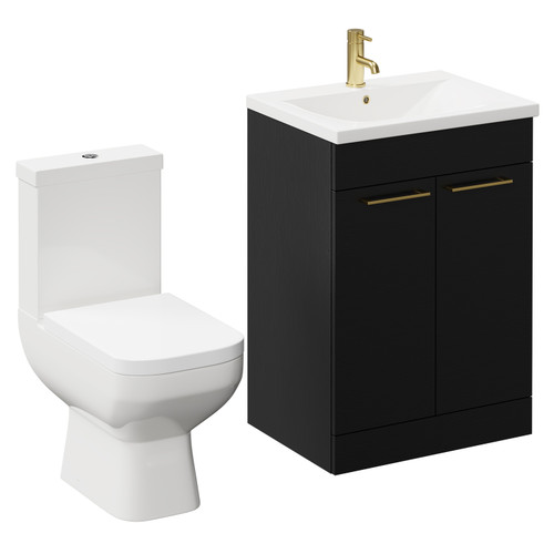 Turin Nero Oak 600mm Floor Standing Vanity Unit and Toilet Suite with 1 Tap Hole Basin and 2 Doors with Brushed Brass Handles Left Hand View