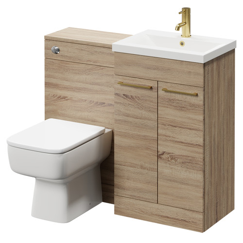 Napoli Bordalino Oak 1000mm Vanity Unit Toilet Suite with 1 Tap Hole Basin and 2 Doors with Brushed Brass Handles Right Hand View