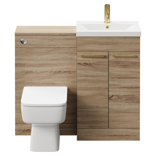 Napoli Bordalino Oak 1000mm Vanity Unit Toilet Suite with 1 Tap Hole Basin and 2 Doors with Brushed Brass Handles Front View