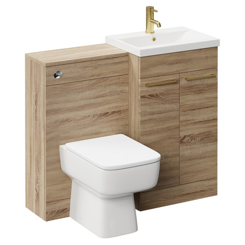 Napoli Bordalino Oak 1000mm Vanity Unit Toilet Suite with 1 Tap Hole Basin and 2 Doors with Brushed Brass Handles Left Hand View