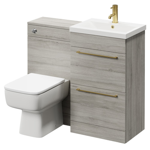 Napoli Molina Ash 1000mm Vanity Unit Toilet Suite with 1 Tap Hole Basin and 2 Drawers with Brushed Brass Handles Right Hand View