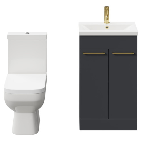 Turin Gloss Grey 500mm Floor Standing Vanity Unit and Toilet Suite with 1 Tap Hole Basin and 2 Doors with Brushed Brass Handles Front View