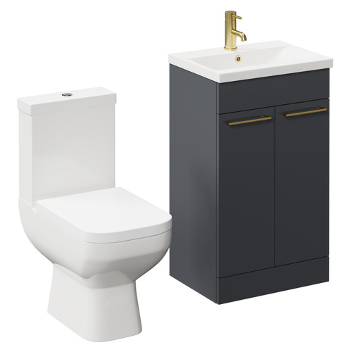 Turin Gloss Grey 500mm Floor Standing Vanity Unit and Toilet Suite with 1 Tap Hole Basin and 2 Doors with Brushed Brass Handles Left Hand View