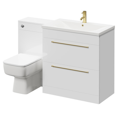 Napoli Gloss White 1300mm Vanity Unit Toilet Suite with 1 Tap Hole Basin and 2 Drawers with Brushed Brass Handles Right Hand View