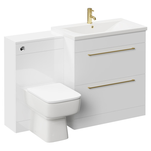 Napoli Gloss White 1300mm Vanity Unit Toilet Suite with 1 Tap Hole Basin and 2 Drawers with Brushed Brass Handles Left Hand View