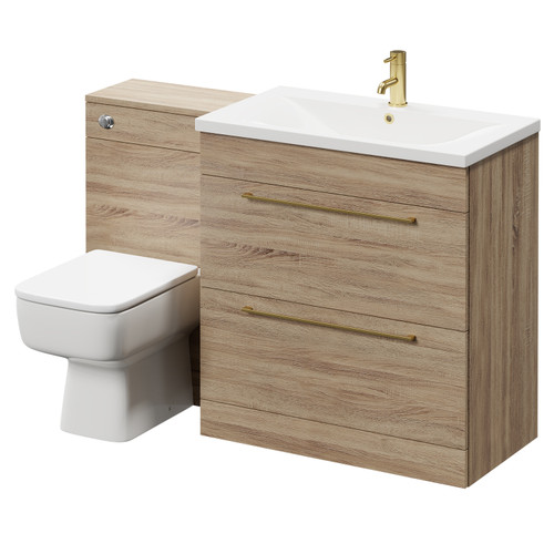 Napoli Bordalino Oak 1300mm Vanity Unit Toilet Suite with 1 Tap Hole Basin and 2 Drawers with Brushed Brass Handles Right Hand View