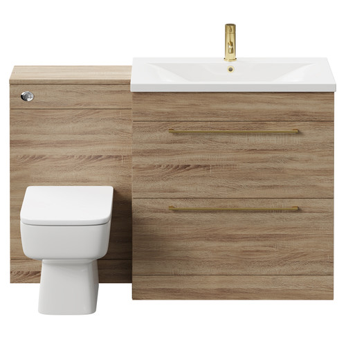 Napoli Bordalino Oak 1300mm Vanity Unit Toilet Suite with 1 Tap Hole Basin and 2 Drawers with Brushed Brass Handles Front View