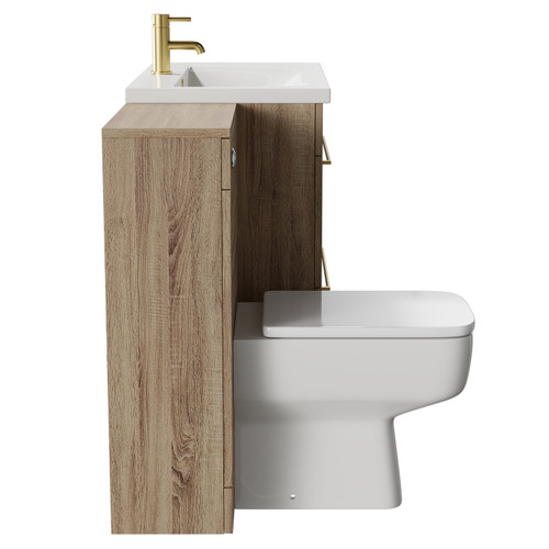 Napoli Bordalino Oak 1300mm Vanity Unit Toilet Suite with 1 Tap Hole Basin and 2 Drawers with Brushed Brass Handles Side View