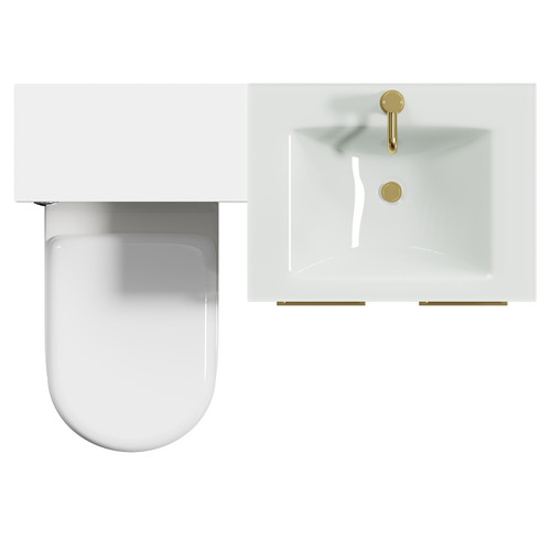 Venice Mono Gloss White 1100mm Vanity Unit Toilet Suite with White Glass 1 Tap Hole Basin and 2 Doors with Brushed Brass Handles Top View