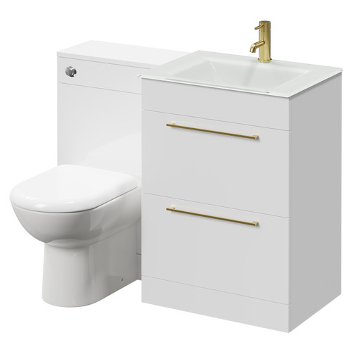 Venice Mono Gloss White 1100mm Vanity Unit Toilet Suite with White Glass 1 Tap Hole Basin and 2 Drawers with Brushed Brass Handles Right Hand View