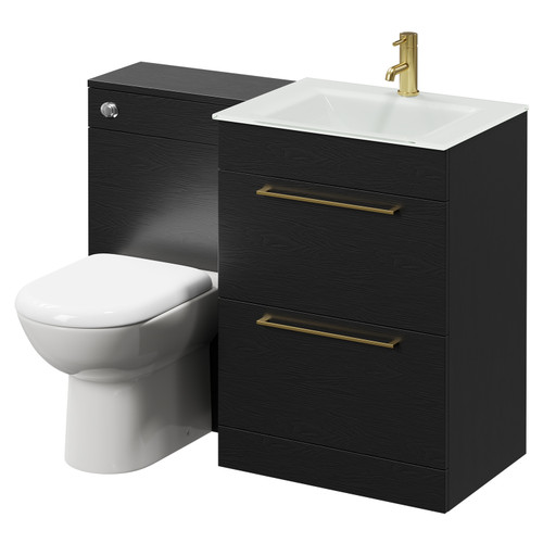 Venice Mono Nero Oak 1100mm Vanity Unit Toilet Suite with White Glass 1 Tap Hole Basin and 2 Drawers with Brushed Brass Handles Right Hand View