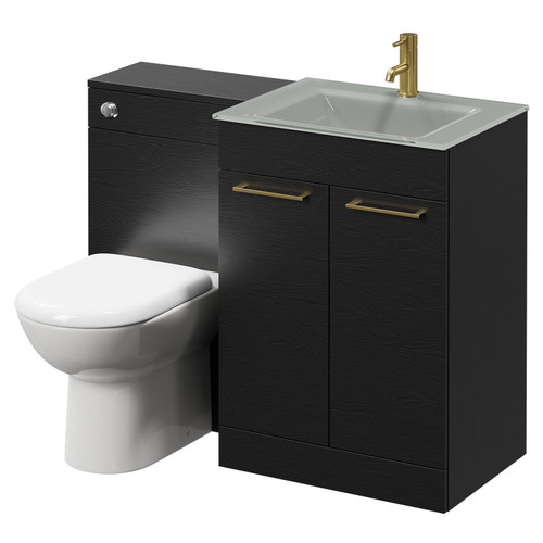 Venice Mono Nero Oak 1100mm Vanity Unit Toilet Suite with Grey Glass 1 Tap Hole Basin and 2 Doors with Brushed Brass Handles Right Hand View
