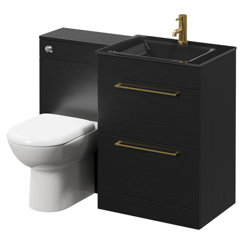 Venice Mono Nero Oak 1100mm Vanity Unit Toilet Suite with Anthracite Glass 1 Tap Hole Basin and 2 Drawers with Brushed Brass Handles Right Hand View