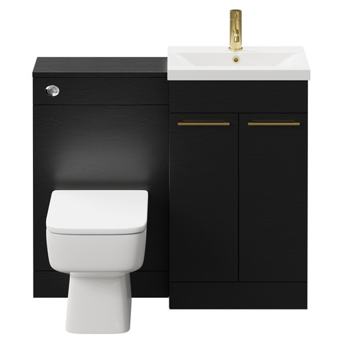 Napoli Nero Oak 1000mm Vanity Unit Toilet Suite with 1 Tap Hole Basin and 2 Doors with Brushed Brass Handles Front View