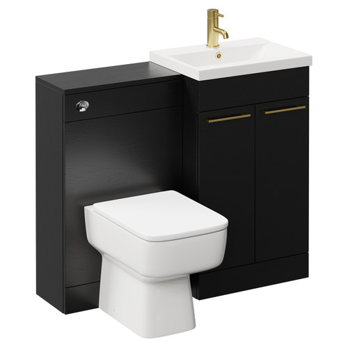 Napoli Nero Oak 1000mm Vanity Unit Toilet Suite with 1 Tap Hole Basin and 2 Doors with Brushed Brass Handles Left Hand View