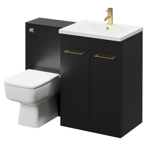 Napoli Nero Oak 1100mm Vanity Unit Toilet Suite with 1 Tap Hole Basin and 2 Doors with Brushed Brass Handles Right Hand View