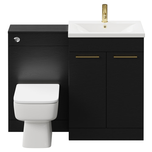 Napoli Nero Oak 1100mm Vanity Unit Toilet Suite with 1 Tap Hole Basin and 2 Doors with Brushed Brass Handles Front View