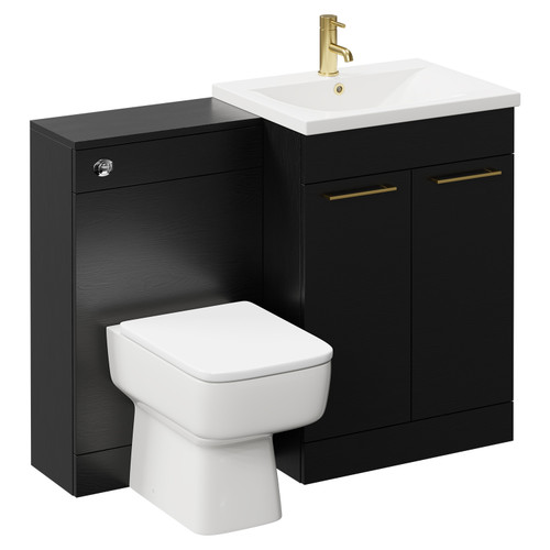 Napoli Nero Oak 1100mm Vanity Unit Toilet Suite with 1 Tap Hole Basin and 2 Doors with Brushed Brass Handles Left Hand View