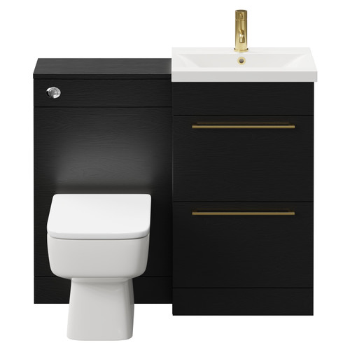 Napoli Nero Oak 1000mm Vanity Unit Toilet Suite with 1 Tap Hole Basin and 2 Drawers with Brushed Brass Handles Front View