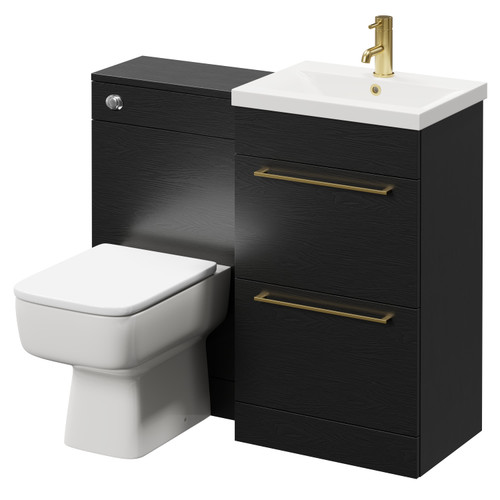 Napoli Nero Oak 1000mm Vanity Unit Toilet Suite with 1 Tap Hole Basin and 2 Drawers with Brushed Brass Handles Right Hand View
