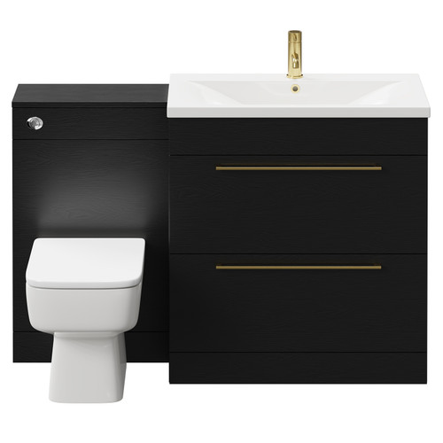 Napoli Nero Oak 1300mm Vanity Unit Toilet Suite with 1 Tap Hole Basin and 2 Drawers with Brushed Brass Handles Front View