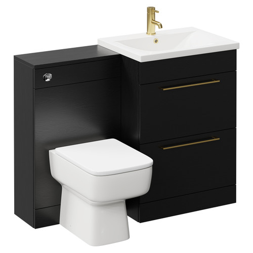 Napoli Nero Oak 1100mm Vanity Unit Toilet Suite with 1 Tap Hole Basin and 2 Drawers with Brushed Brass Handles Left Hand View