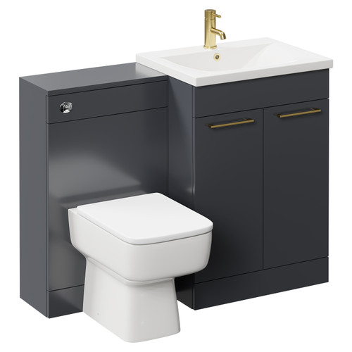 Napoli Gloss Grey 1100mm Vanity Unit Toilet Suite with 1 Tap Hole Basin and 2 Doors with Brushed Brass Handles Left Hand View