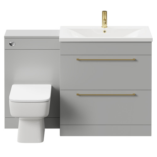 Napoli Gloss Grey Pearl 1300mm Vanity Unit Toilet Suite with 1 Tap Hole Basin and 2 Drawers with Brushed Brass Handles Front View