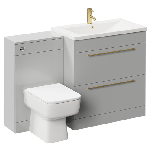 Napoli Gloss Grey Pearl 1300mm Vanity Unit Toilet Suite with 1 Tap Hole Basin and 2 Drawers with Brushed Brass Handles Left Hand View
