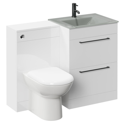 Venice Mono Gloss White 1100mm Vanity Unit Toilet Suite with Grey Glass 1 Tap Hole Basin and 2 Drawers with Gunmetal Grey Handles Left Hand View