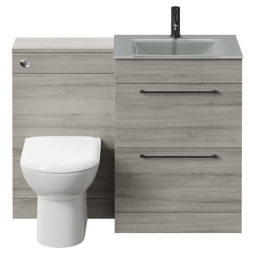 Venice Mono Molina Ash 1100mm Vanity Unit Toilet Suite with Grey Glass 1 Tap Hole Basin and 2 Drawers with Gunmetal Grey Handles Front View
