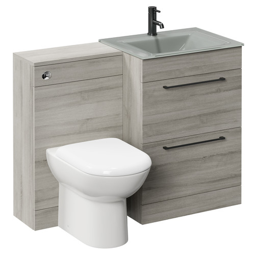 Venice Mono Molina Ash 1100mm Vanity Unit Toilet Suite with Grey Glass 1 Tap Hole Basin and 2 Drawers with Gunmetal Grey Handles Left Hand View
