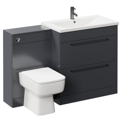 Napoli Gloss Grey 1300mm Vanity Unit Toilet Suite with 1 Tap Hole Basin and 2 Drawers with Gunmetal Grey Handles Left Hand View