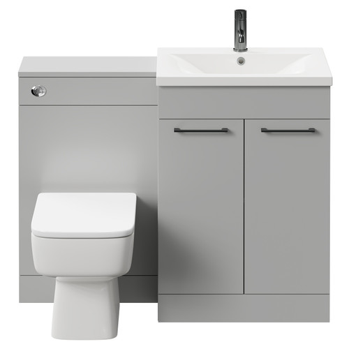 Napoli Gloss Grey Pearl 1100mm Vanity Unit Toilet Suite with 1 Tap Hole Basin and 2 Doors with Gunmetal Grey Handles Front View