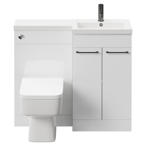 Napoli Combination Gloss White 1000mm Vanity Unit Toilet Suite with Right Hand L Shaped 1 Tap Hole Basin and 2 Doors with Gunmetal Grey Handles Front View