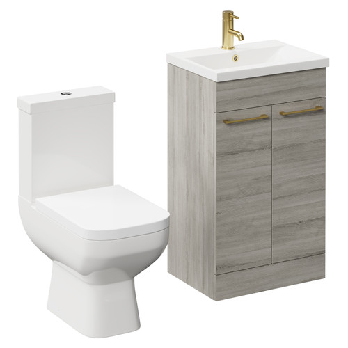 Turin Molina Ash 500mm Floor Standing Vanity Unit and Toilet Suite with 1 Tap Hole Basin and 2 Doors with Brushed Brass Handles Left Hand View