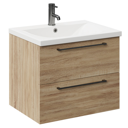 Napoli Bordalino Oak 600mm Wall Mounted Vanity Unit with 1 Tap Hole Basin and 2 Drawers with Gunmetal Grey Handles Left Hand View