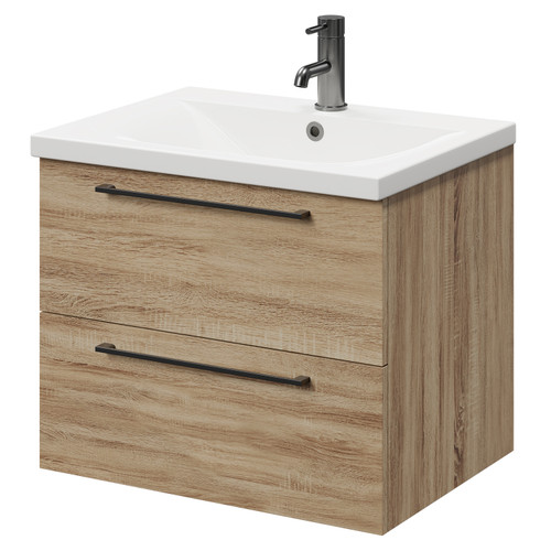 Napoli Bordalino Oak 600mm Wall Mounted Vanity Unit with 1 Tap Hole Basin and 2 Drawers with Gunmetal Grey Handles Right Hand View