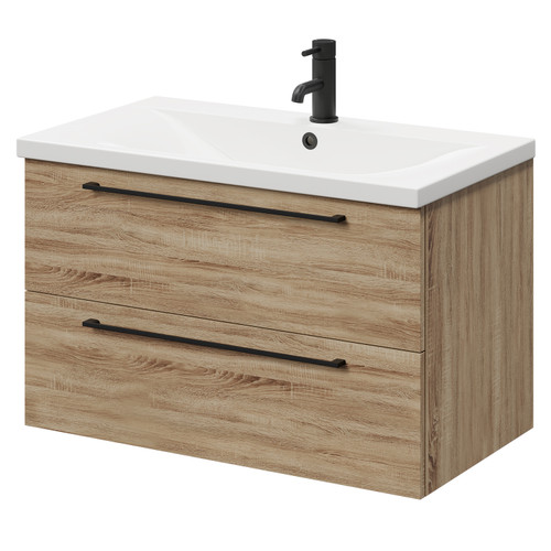 Napoli Bordalino Oak 800mm Wall Mounted Vanity Unit with 1 Tap Hole Basin and 2 Drawers with Matt Black Handles Right Hand View