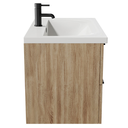 Napoli Bordalino Oak 800mm Wall Mounted Vanity Unit with 1 Tap Hole Basin and 2 Drawers with Matt Black Handles Side View