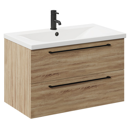 Napoli Bordalino Oak 800mm Wall Mounted Vanity Unit with 1 Tap Hole Basin and 2 Drawers with Matt Black Handles Left Hand View