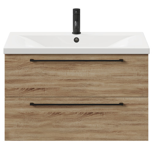 Napoli Bordalino Oak 800mm Wall Mounted Vanity Unit with 1 Tap Hole Basin and 2 Drawers with Matt Black Handles Front View