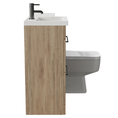 Napoli Combination Bordalino Oak 1000mm Vanity Unit Toilet Suite with Left Hand L Shaped 1 Tap Hole Basin and 2 Drawers with Brushed Brass Handles Side on View