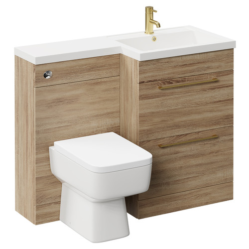 Napoli Combination Bordalino Oak 1100mm Vanity Unit Toilet Suite with Right Hand L Shaped 1 Tap Hole Basin and 2 Drawers with Brushed Brass Handles Left Hand Side View