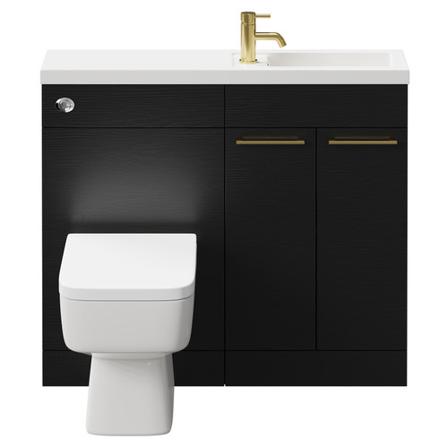 Napoli Combination Nero Oak 1000mm Vanity Unit Toilet Suite with Slimline 1 Tap Hole Basin and 2 Doors with Brushed Brass Handles Front View