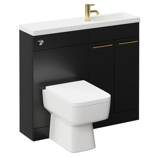 Napoli Combination Nero Oak 1000mm Vanity Unit Toilet Suite with Slimline 1 Tap Hole Basin and 2 Doors with Brushed Brass Handles Left Hand Side View
