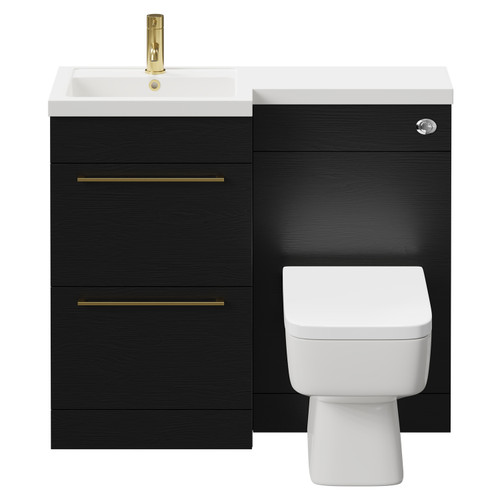 Napoli Combination Nero Oak 1000mm Vanity Unit Toilet Suite with Left Hand L Shaped 1 Tap Hole Basin and 2 Drawers with Brushed Brass Handles Front View