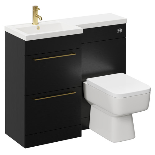 Napoli Combination Nero Oak 1000mm Vanity Unit Toilet Suite with Left Hand L Shaped 1 Tap Hole Basin and 2 Drawers with Brushed Brass Handles Left Hand Side View