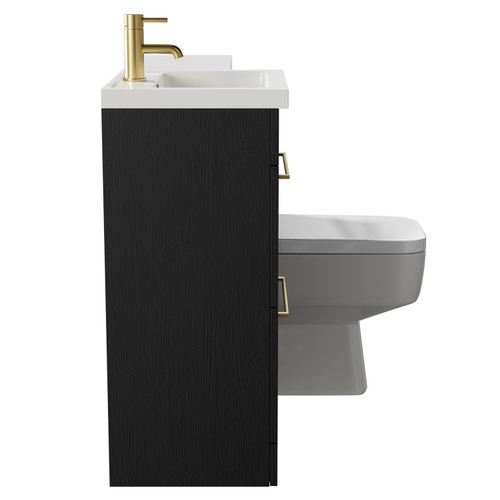 Napoli Combination Nero Oak 1000mm Vanity Unit Toilet Suite with Left Hand L Shaped 1 Tap Hole Basin and 2 Drawers with Brushed Brass Handles Side on View